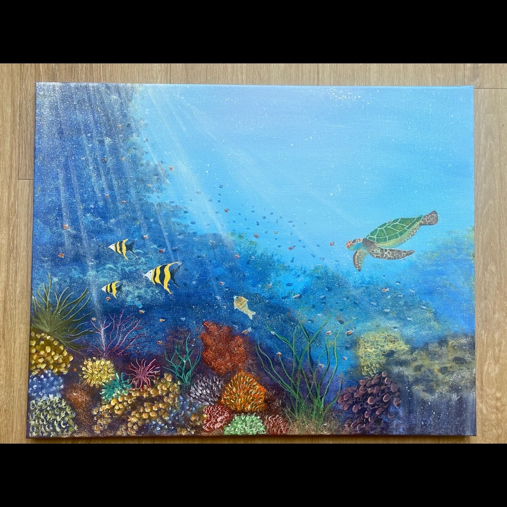 Underwater coral reef painting with turtle and fishes